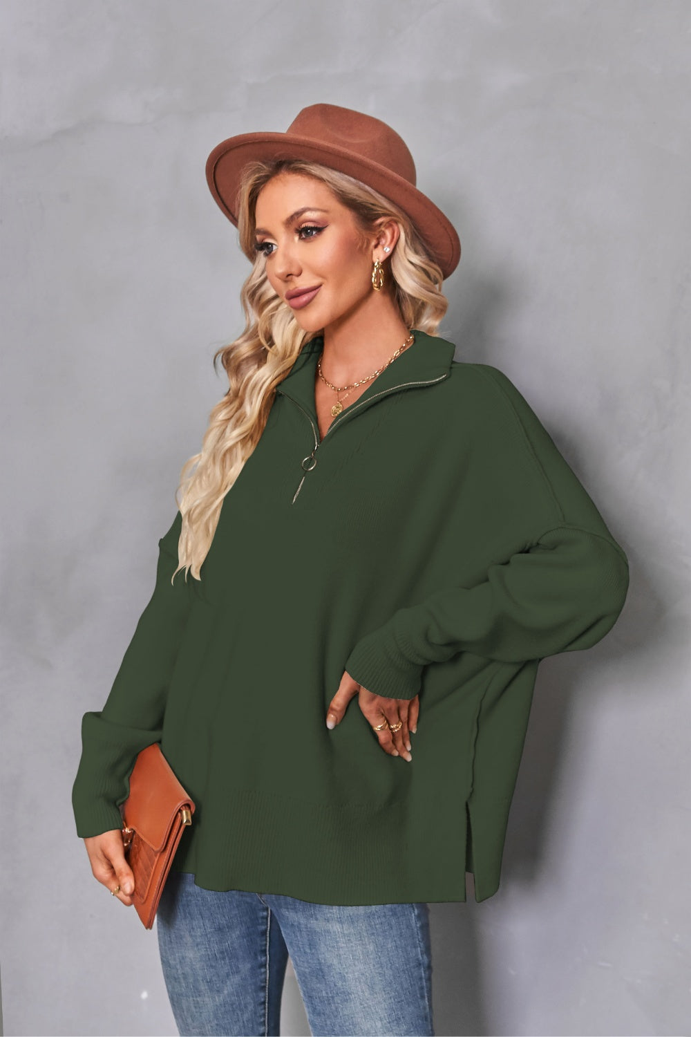 Quarter Zip Dropped Shoulder Sweater