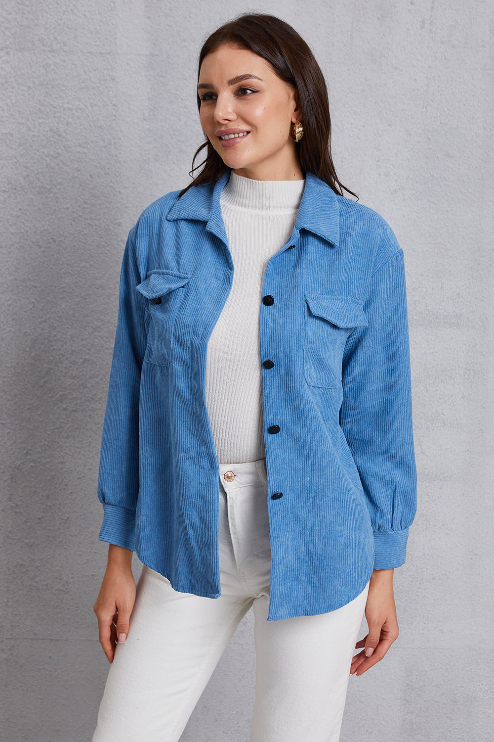 Pocketed Button Up Dropped Shoulder Jacket