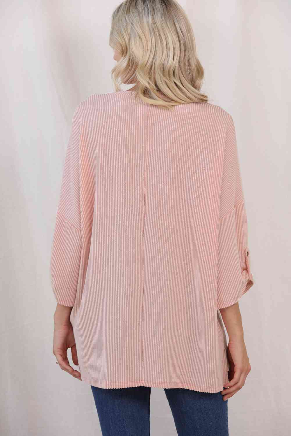 Round Neck Slit Roll-Tab Sleeve Oversize Top