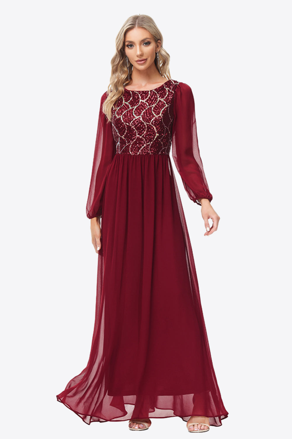 Contrast Sequin Puff Sleeve Formal Dress