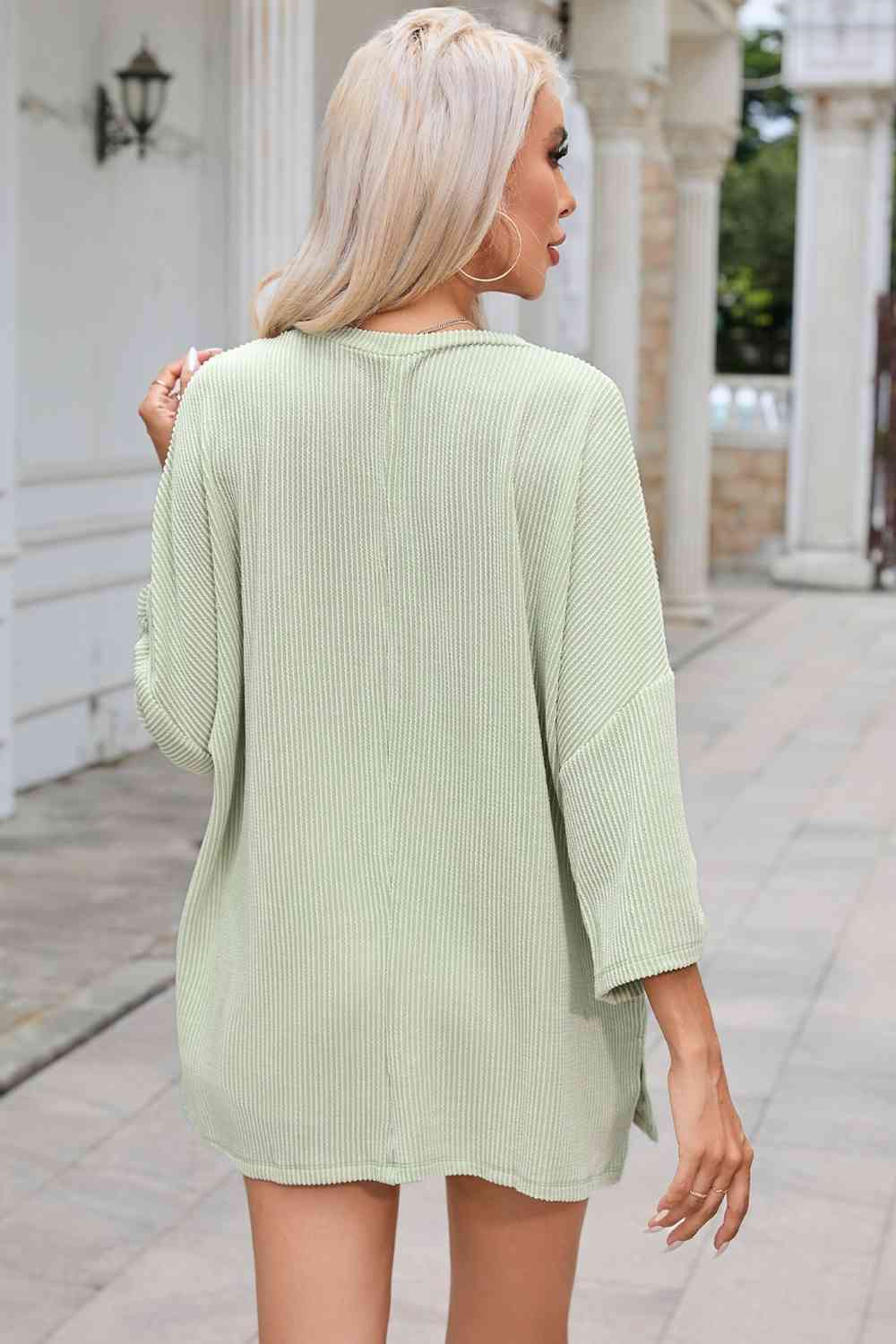 Round Neck Slit Roll-Tab Sleeve Oversize Top
