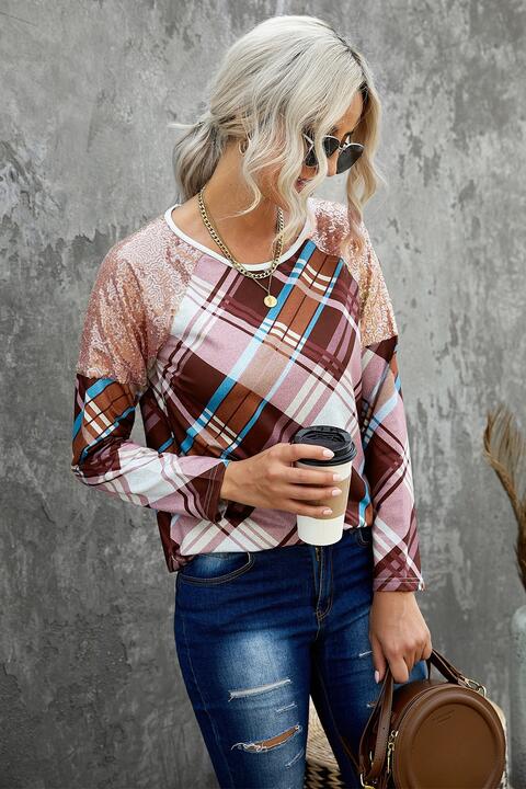Sequin Round Neck Long Sleeve T-Shirt