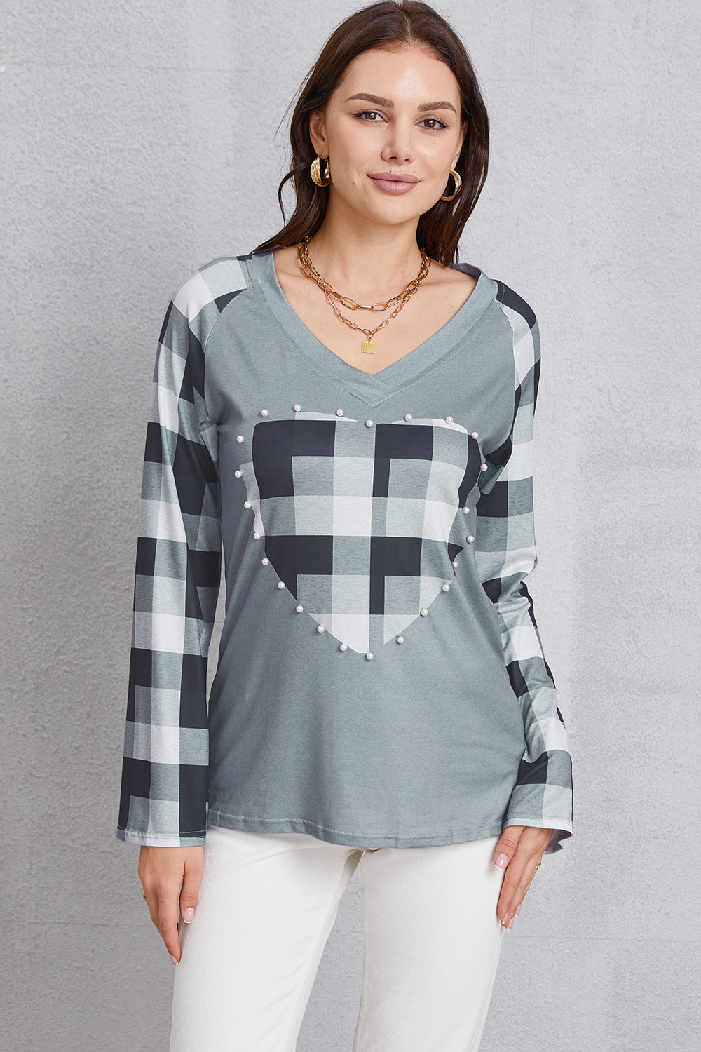 Pearl Detail Plaid V-Neck T-Shirt