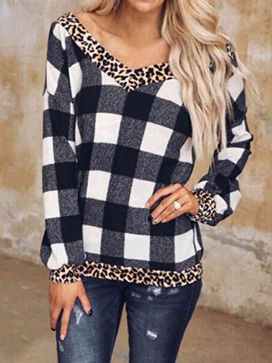 Plaid Leopard V-Neck Sweatshirt