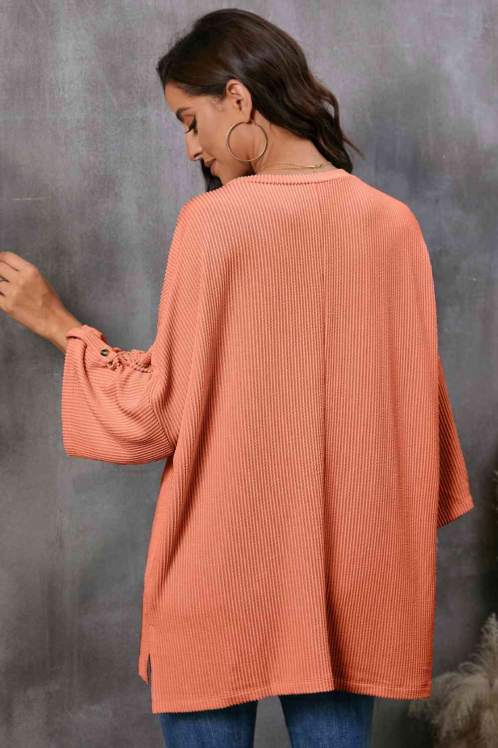 Round Neck Slit Roll-Tab Sleeve Oversize Top